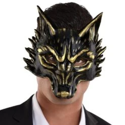 AMSCAN Adult Black & Metallic Gold Wolf Foam Half Mask