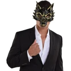 AMSCAN Adult Black & Metallic Gold Wolf Foam Half Mask -Amscan 942050 02