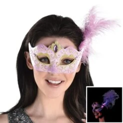 AMSCAN Adult Lavender & Gold Glitter Masquerade Mask With Light-Up Feathers