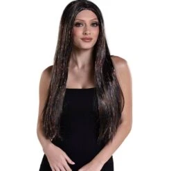 AMSCAN Brunette & Iridescent Tinsel Long Straight Wig, 30in