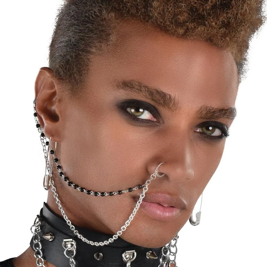 AMSCAN Punk Jewelry Set, 3pc - Safety Pin Earrings & Nose To Ear Chain 1 AMSCAN Punk Jewelry Set, 3pc - Safety Pin Earrings & Nose To Ear Chain