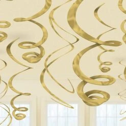 Amscan 10022214 Plastic Swirl Hanging Decorating Kit-12pcs, Shinny Gold, 58.97g