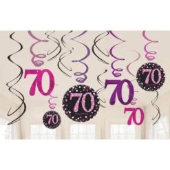 Amscan 9901747 Pink Sparkling Celebration 70th Birthday Hanging Swirl Decorations 12 Pack