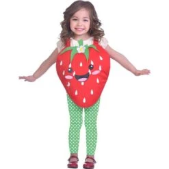 Amscan 9905025 Strawberry One Piece Costume With White Dotted Green Leggings Age 3-6 Years- 1 PC