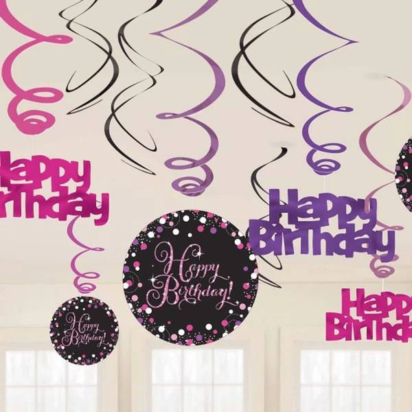 Amscan Happy Birthday Swirls Sparkling Pink 1 Amscan Happy Birthday Swirls Sparkling Pink