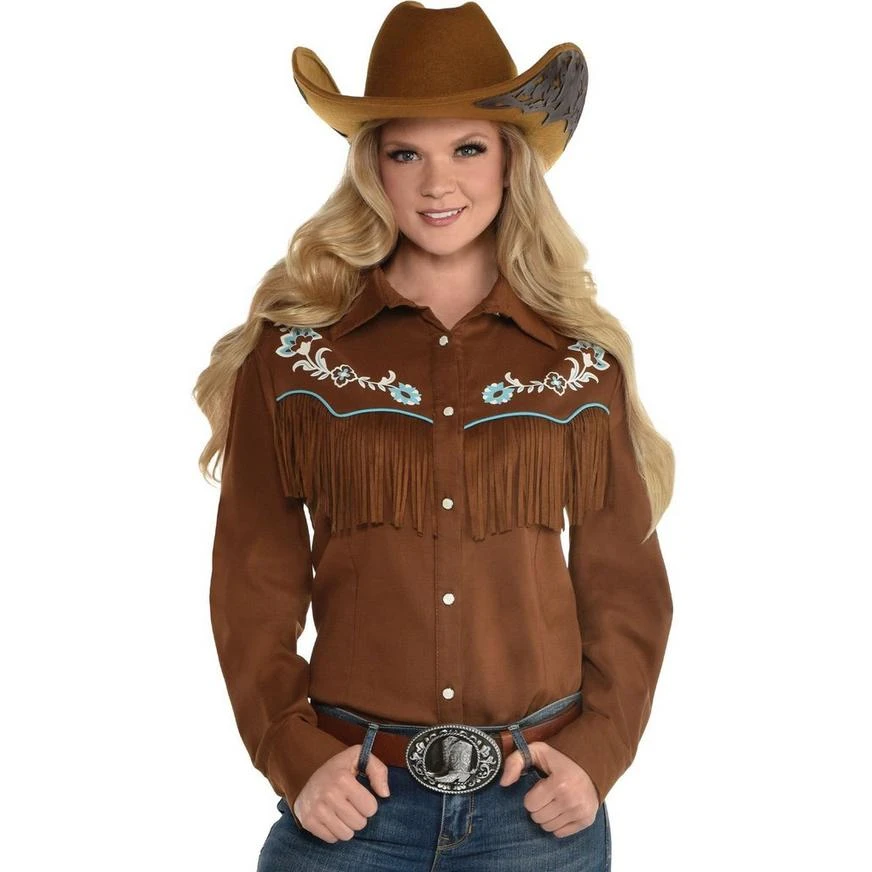 AMSCAN Brown Western Cowgirl Button Up Fringe Shirt For Adults 1 AMSCAN Brown Western Cowgirl Button Up Fringe Shirt For Adults