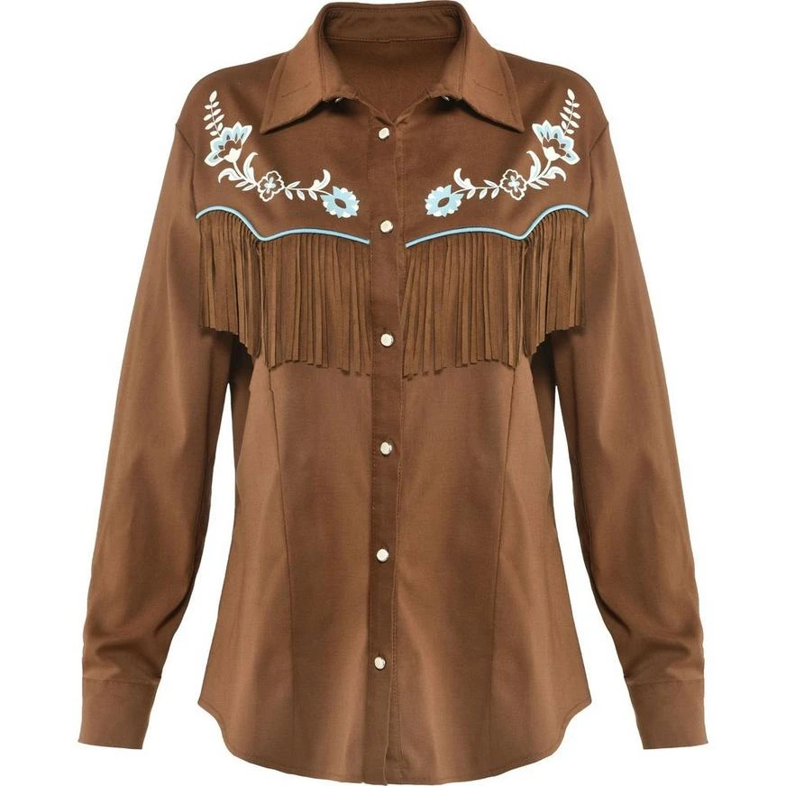 AMSCAN Brown Western Cowgirl Button Up Fringe Shirt For Adults 2 AMSCAN Brown Western Cowgirl Button Up Fringe Shirt For Adults - Image 2