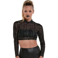 AMSCAN Adult Sheer Black Binary-Print Mock Neck Cropped Mesh Long Sleeve Top - Cyberpunk